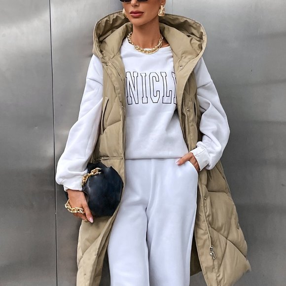 Khaki Casual Womens Pocket Zip Up Hooded Puffer Vest Coat - Picture 2 of 5